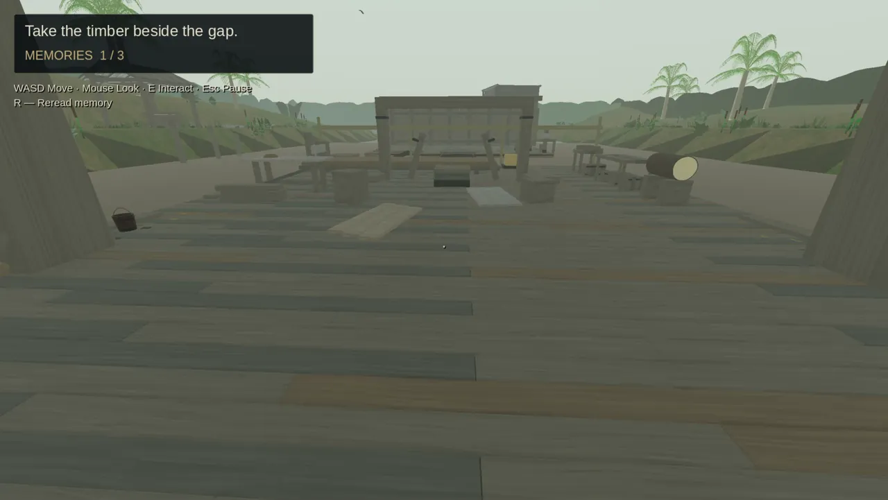 First-person view of a timber landing with a gap and planks, the first crossing.