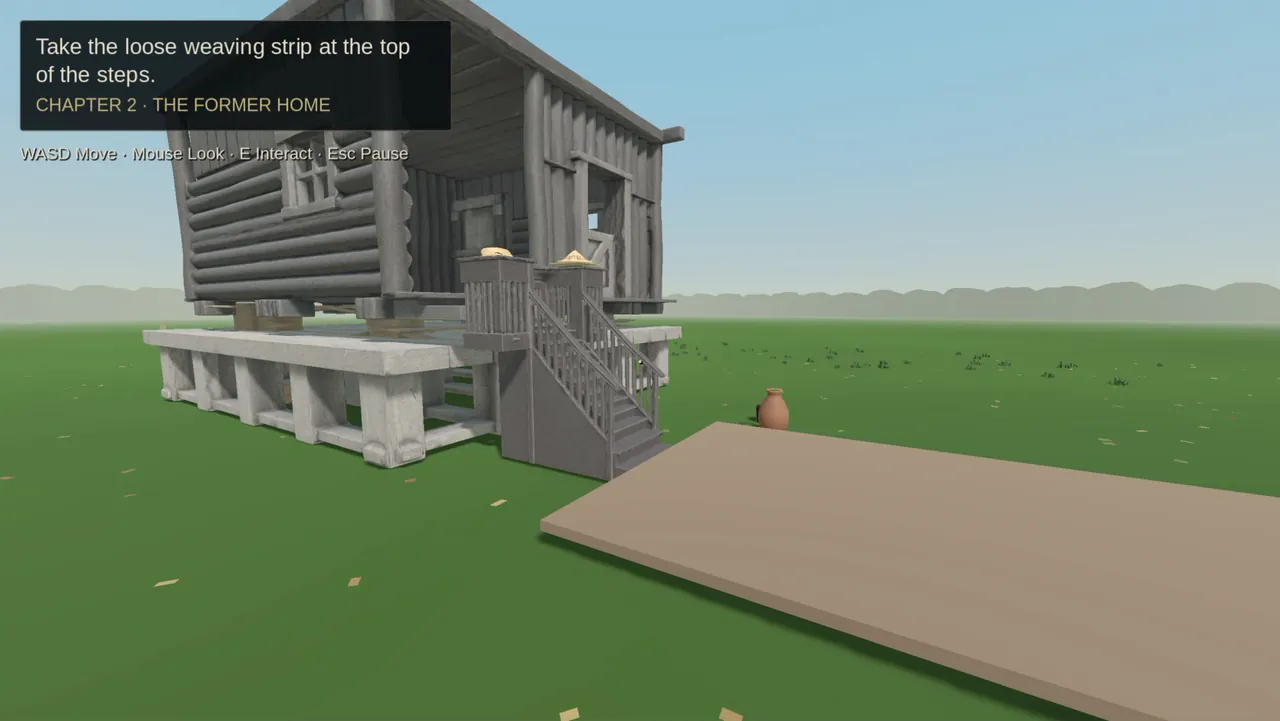 A raised timber house on stilts with steps and a clay jar beside it.