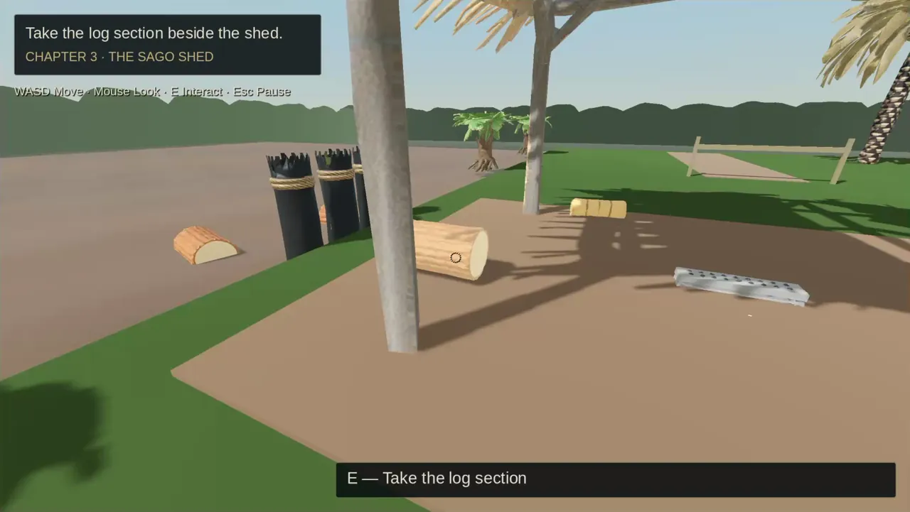 An open-sided shed with palm leaves above and log sections on the ground.