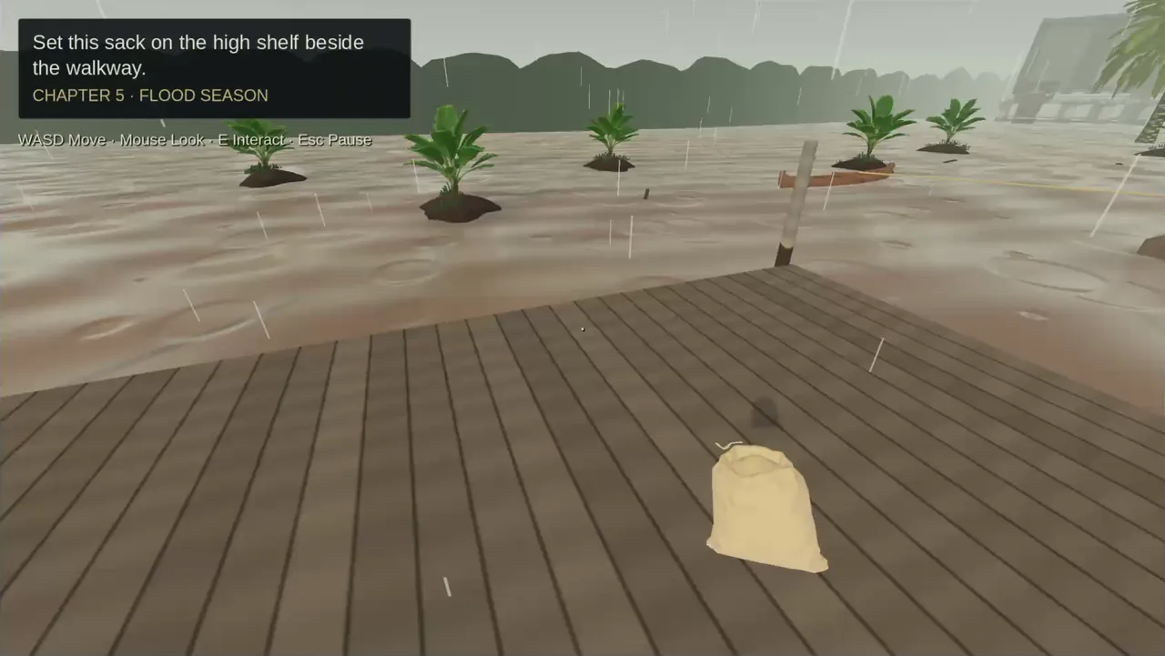 A timber deck over rising brown flood water with rain falling and a sack waiting to be lifted.