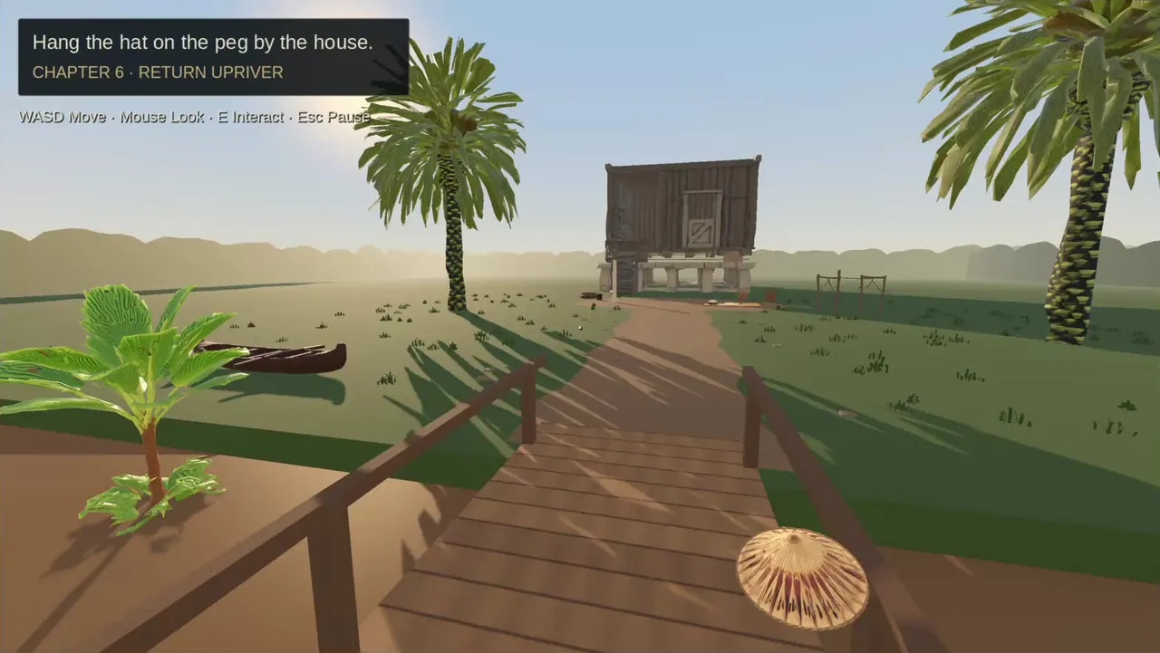 A path through green grass toward a raised house with a canoe on the bank and a woven hat on the post.