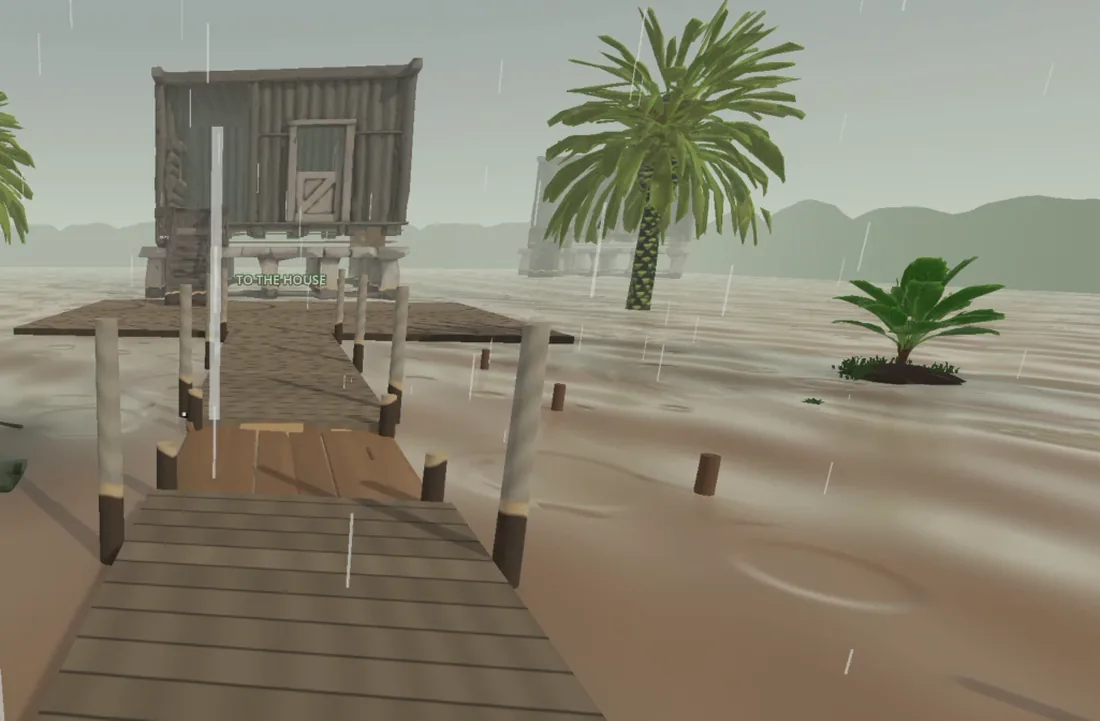 First-person view along a timber walkway over flood water toward a raised wooden house, with rain on the water. A real in-engine capture.